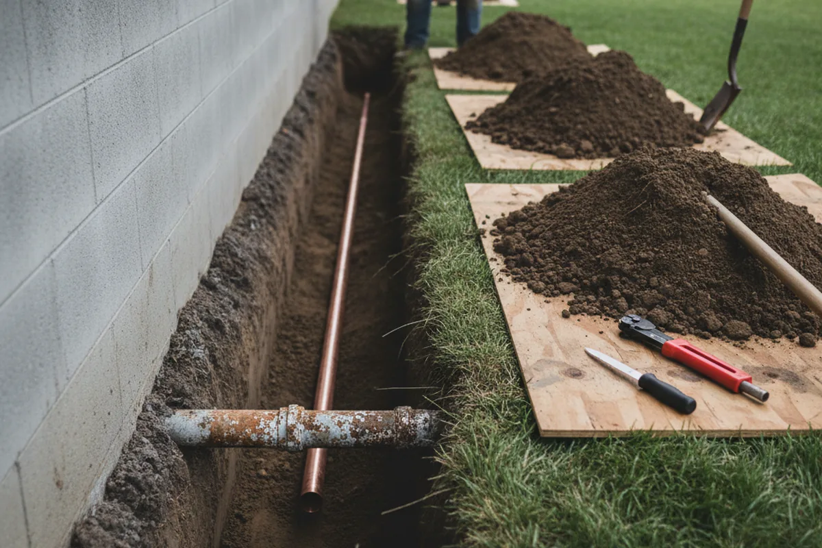 Excavated water line trench during Water Softener Installation in Livermore